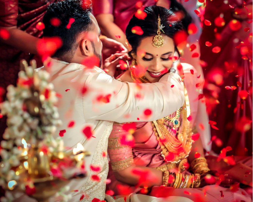 Bride and groom at a beautifully styled Kerala wedding
