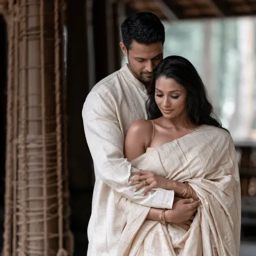 Bride and groom sharing a quiet moment in traditional Kerala wedding attire