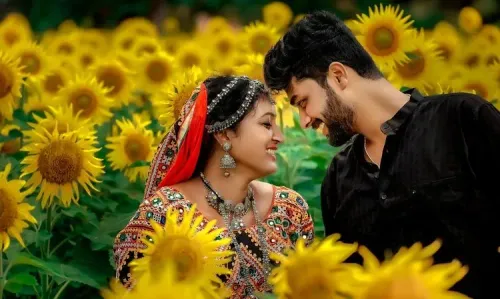 Couple sharing a quiet moment in a sunflower field during a pre-wedding photoshoot