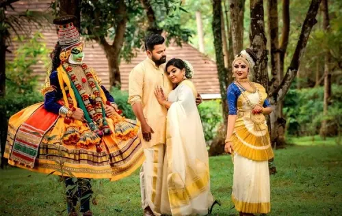 Bride and groom in traditional Kerala attire with family members in a garden